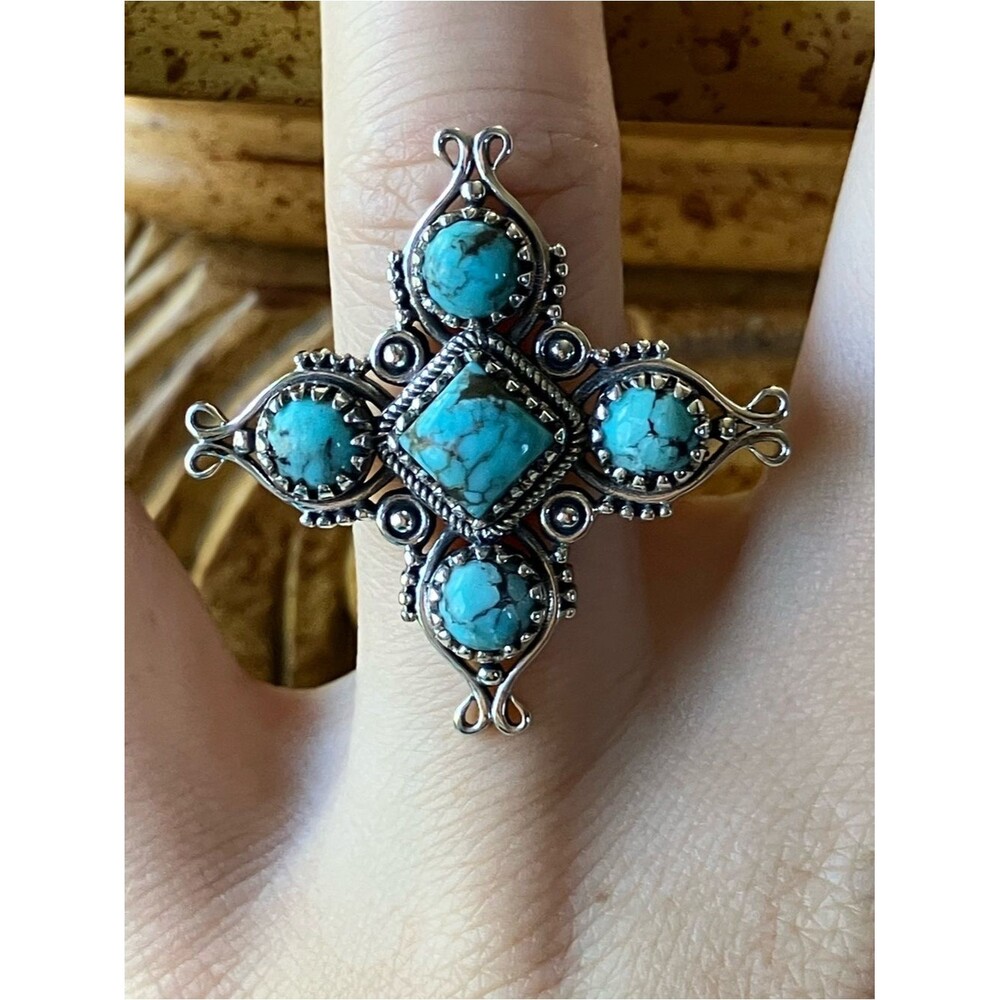 Natural Blue Moon Turquoise Sterling Silver Statement Ring Size 7
